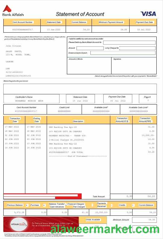 UAE Abu Dhabi Bank Alfalah statement Word and PDF template
